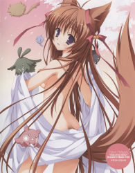Rule 34 | 00s, 1girl, absurdres, animal ears, ass, bell, brown hair, from behind, highres, jingle bell, kobuichi, long hair, looking back, mito mashiro, naked towel, nude, purple eyes, ribbon, smile, solo, tail, tayutama, towel, very long hair
