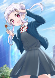 Rule 34 | 1girl, absurdres, arashi chisato, artist name, artist request, belt, blue cardigan, blue jacket, blue sky, blush, bow, bowtie, breasts, building, buttons, cardigan, city, cloud, collared shirt, cropped jacket, day, double bun, dress, dress shirt, female focus, floating hair, food, grey belt, grey shirt, grey skirt, hair bun, hair tie, highres, jacket, long hair, long sleeves, looking at viewer, love live!, love live! superstar!!, miniskirt, neck ribbon, o-ring, o-ring belt, outdoors, parted lips, plaid, plaid skirt, pleated, pleated skirt, red bow, red eyes, red ribbon, ribbon, salute, school uniform, shirt, skirt, sky, small breasts, smile, solo, takoyaki, tree, twintails, wavy hair, white background, white hair, white shirt, wing collar, yuigaoka school uniform