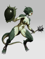Rule 34 | 1girl, breasts, club (weapon), colored skin, gradient background, green skin, highres, lizard tail, monster girl, open mouth, reptile girl, scales, shield, shimotsuki juugo, solo, tail, warrior, weapon, yellow eyes