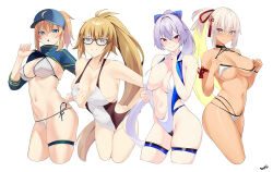 Rule 34 | 4girls, adjusting clothes, adjusting swimsuit, ahoge, artoria pendragon (fate), bare shoulders, baseball cap, bikini, blonde hair, blue bow, blue eyes, blue hair, blue headwear, blue jacket, blush, bow, breasts, cleavage, collarbone, contrapposto, cropped jacket, cropped legs, dark-skinned female, dark skin, fate/grand order, fate (series), grey eyes, grin, hair between eyes, hair bow, hair intakes, hair through headwear, halterneck, hat, high ponytail, highleg, highleg swimsuit, highres, jacket, jeanne d&#039;arc (fate), jeanne d&#039;arc (swimsuit archer) (fate), jeanne d&#039;arc (swimsuit archer) (second ascension) (fate), kurozawa yui, large breasts, long hair, long sleeves, looking at viewer, multiple girls, mysterious heroine x (fate), mysterious heroine xx (fate), nail polish, navel, okita souji (fate), okita souji alter (swimsuit saber) (fate), one-piece swimsuit, open mouth, ponytail, red eyes, shrug (clothing), sideboob, sidelocks, simple background, skindentation, smile, stomach, swimsuit, tassel, thigh strap, thighs, tomoe gozen (fate), tomoe gozen (swimsuit saber) (fate), tsurime, underboob, very long hair, white background, white bikini, white hair, wristband