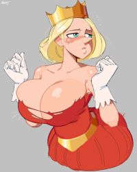 Rule 34 | 1girl, blonde hair, blue eyes, breasts, cleavage, crown, embarrassed, female focus, highres, hilling (ousama ranking), huge breasts, looking away, nezulet, ousama ranking, pale skin, queen, royal robe, short hair, simple background, solo, torn clothes, wide hips
