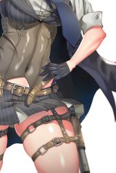 Rule 34 | 1girl, belt, black gloves, blue necktie, bolt action, breasts, cape, corset, covered navel, girls&#039; frontline, gloves, gun, hand on own hip, handgun, head out of frame, highres, hitch (perotoss), holster, integral suppressor, integrally-suppressed firearm, manual firearm, medium breasts, necktie, pinstripe pattern, pinstripe vest, shirt, skindentation, skirt, sleeves rolled up, solo, striped clothes, striped shirt, striped skirt, striped vest, suppressor, thigh holster, thigh strap, thighs, vertical-striped clothes, vertical-striped shirt, vertical-striped vest, vest, weapon, welrod, welrod mk ii, welrod mkii (girls&#039; frontline), white background