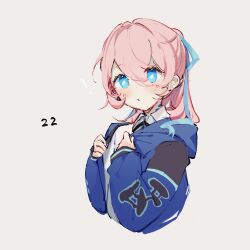 Rule 34 | 1girl, alternate hairstyle, arknights, blue eyes, blue poison (arknights), blue ribbon, blush, collared shirt, cropped torso, earclip, grey background, hair between eyes, hair ribbon, hands up, hood, hood down, hooded jacket, jacket, long hair, long sleeves, looking at viewer, pink hair, ponytail, ribbon, ruri (dailybloopy), scales, shirt, simple background, solo, upper body, white shirt
