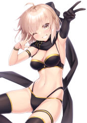 Rule 34 | 1girl, ahoge, armband, armpits, bare shoulders, bikini, black bikini, black bow, black gloves, black scarf, black thighhighs, blonde hair, blush, bow, breasts, cleavage, collarbone, double v, elbow gloves, fate/grand order, fate (series), gloves, grin, hair between eyes, hair bow, half updo, hand gesture, long hair, looking at viewer, medium breasts, multi-strapped bikini, navel, nullken, okita j. souji (fate), okita j. souji (first ascension) (fate), okita souji (fate), okita souji (koha-ace), one eye closed, scarf, short hair, simple background, single glove, smile, solo, swimsuit, thigh strap, thighhighs, thighs, v, white background, wristband, yellow eyes