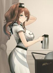 Rule 34 | 1girl, belt, blue eyes, blush, breast pocket, breasts, brown hair, closed mouth, coffee pot, cup, dress, from side, grey eyes, hair between eyes, hair ornament, highres, holding, kantai collection, large breasts, long hair, odachu, pocket, saratoga (kancolle), saratoga mk ii (kancolle), short sleeves, side ponytail, sidelocks, signature, smile, smokestack, smokestack hair ornament, white dress