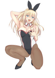 Rule 34 | 1girl, absurdres, animal ears, bismarck (kancolle), black footwear, black pantyhose, blonde hair, blue eyes, breasts, character name, cleavage, commentary request, detached collar, fake animal ears, full body, grabbing own breast, green eyes, highres, houki (tonburi), kantai collection, leotard, looking at viewer, medium breasts, open mouth, pantyhose, playboy bunny, rabbit ears, rabbit tail, simple background, solo, squatting, strapless, strapless leotard, tail, teeth, two-tone leotard, upper teeth only, white background, wrist cuffs