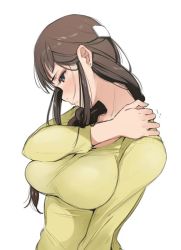 Rule 34 | 10s, 1girl, braid, breasts, brown eyes, brown hair, earrings, hair over shoulder, impossible clothes, impossible shirt, jewelry, jpeg artifacts, large breasts, long hair, long sleeves, segawa misato, shirobako, shirt, single braid, solo, tsukino wagamo, upper body
