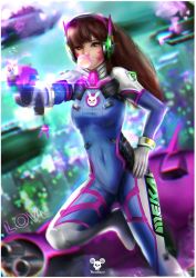 Rule 34 | 1girl, animal print, arm up, artist logo, artist name, blue bodysuit, bodysuit, boots, breasts, brown eyes, brown hair, blowing bubbles, bunny charm, charm (object), chewing gum, commentary, covered navel, d.va (overwatch), facepaint, facial mark, gloves, gun, hand on own hip, headphones, highres, holding, holding gun, holding weapon, long hair, looking past viewer, mecha, medium breasts, meka (overwatch), overwatch, overwatch 1, pilot suit, rabbit print, ribbed bodysuit, robot, shoulder pads, skin tight, solo, tecnomayro, weapon, whisker markings, white footwear, white gloves