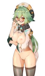 Rule 34 | 1girl, adjusting eyewear, animal ears, bad id, bad pixiv id, bare hips, beret, blush, breast lift, breasts, breath, cape, cleft of venus, detached sleeves, eyelashes, fogged glasses, fur collar, genshin impact, glasses, green hair, hat, highres, looking at viewer, medium breasts, nipples, pale skin, pero (peroneko0510), pussy, pussy juice, solo, sucrose (genshin impact), sweat, tagme, thighhighs, uncensored