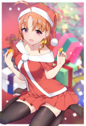 Rule 34 | 1girl, :d, absurdres, ahoge, black thighhighs, blurry, blurry background, bow, box, braid, christmas, christmas tree, commentary request, dress, food, fruit, gift, gift box, hair bow, hat, highres, holding, holding food, holding fruit, long hair, looking at viewer, love live!, love live! sunshine!!, mandarin orange, no shoes, off-shoulder dress, off shoulder, open mouth, orange hair, pleated dress, pom pom (clothes), red dress, red eyes, santa dress, santa hat, short sleeves, side braid, sitting, smile, solo, takami chika, thighhighs, yamaori (yamaorimon), yellow bow