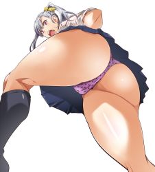 Rule 34 | &gt;:o, 1girl, :o, ass, bare legs, blush, cameltoe, embarrassed, from behind, from below, huge ass, kunifuto, legs, looking at viewer, looking back, open mouth, original, panties, pantyshot, pleated skirt, polka dot, polka dot panties, purple panties, school uniform, shiny skin, silver hair, skirt, solo, thighs, twintails, underwear, uniform, upskirt, v-shaped eyebrows