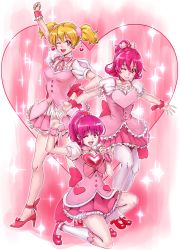 Rule 34 | 00s, 10s, 3girls, aida mana, aino megumi, arm up, bad id, bad pixiv id, blonde hair, bow, choker, color connection, detached collar, dokidoki! precure, flipped hair, fresh precure!, frilled skirt, frills, full body, hair bow, half updo, hand on own hip, happinesscharge precure!, heart, heart background, high heels, idol, kneeling, kuppipi ramutarou, looking at viewer, microphone, momozono love, multiple girls, one eye closed, pink background, pink eyes, pink footwear, pink hair, pink heels, pink skirt, pink theme, ponytail, precure, red footwear, shoes, short hair, short twintails, skirt, smile, standing, thighhighs, twintails, white legwear, wrist cuffs