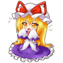 Rule 34 | 1girl, aged down, angry, blonde hair, bow, dress, fang, frilled dress, frills, hands up, hat, hat bow, hat ribbon, kazami karasu, long hair, long sleeves, mob cap, open mouth, outline, purple dress, ribbon, simple background, solo, touhou, very long hair, white background, yakumo yukari, yakumo yukari (young), yellow eyes