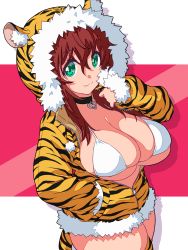 Rule 34 | 1girl, :3, absurdres, bikini, black choker, breasts, brown hair, chinese zodiac, choker, closed mouth, green eyes, hair between eyes, hand in pocket, highres, jacket, large breasts, long sleeves, looking at viewer, onsoku inu, original, smile, solo, standing, striped clothes, striped jacket, swimsuit, white bikini, year of the tiger