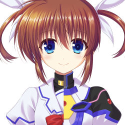 Rule 34 | 1girl, blue eyes, brown hair, closed mouth, commentary request, endori, hair ribbon, high collar, jacket, looking at viewer, lyrical nanoha, magical girl, mahou shoujo lyrical nanoha, mahou shoujo lyrical nanoha detonation, partial commentary, portrait, puffy sleeves, ribbon, short hair, short twintails, sidelocks, simple background, smile, solo, takamachi nanoha, takamachi nanoha (formula ii), takamachi nanoha (original mode), twintails, white background, white jacket, white ribbon