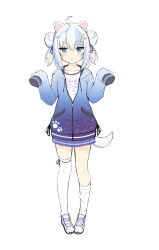 Rule 34 | 1girl, ahoge, animal ears, asymmetrical legwear, black ribbon, blue eyes, blue hair, blue jacket, clothes writing, commentary request, copyright request, crescent, crescent hair ornament, double bun, drawstring, english text, full body, hair bun, hair ornament, hair ribbon, hands up, highres, jacket, long sleeves, multicolored hair, pigeon-toed, pleated skirt, puffy long sleeves, puffy sleeves, purple footwear, purple skirt, ribbon, sakuraba hikaru (loveindog), shirt, shoes, simple background, skirt, sleeves past fingers, sleeves past wrists, solo, standing, star (symbol), star hair ornament, streaked hair, tail, thighhighs, two side up, white background, white hair, white shirt, white thighhighs