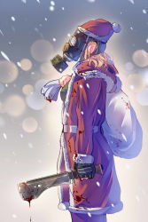 Rule 34 | 1girl, blonde hair, blood, blood on clothes, bloody weapon, blurry, blurry background, christmas, coat, daito, female focus, from side, fur-trimmed coat, fur-trimmed headwear, fur trim, gas mask, hat, highres, holding, holding weapon, hood, mask, original, outdoors, sack, santa hat, sash, snow, solo, weapon