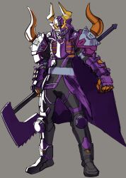 Rule 34 | 1boy, armor, black bodysuit, bodysuit, cape, full body, grey background, helmet, holding, holding weapon, kamen rider, kamen rider buffa, kamen rider geats (series), power armor, purple armor, purple cape, purple helmet, simple background, skaphel, solo, weapon