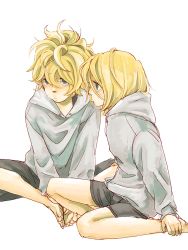 Rule 34 | 1boy, 1girl, blonde hair, brother and sister, kagamine len, kagamine rin, mwr, siblings, sitting, twins, vocaloid