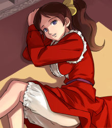 Rule 34 | 1girl, belt, bloomers, blue eyes, bow, brown hair, character request, dress, eyelashes, female focus, frills, hair bow, hair ornament, haruyama kazunori, indoors, long dress, long hair, long sleeves, looking at viewer, lying, on side, ponytail, red dress, shadow, solo, sunlight, underwear, upskirt, yellow bow