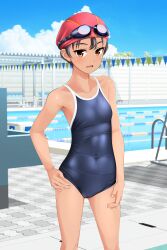 Rule 34 | 1girl, absurdres, black hair, blue headwear, blue one-piece swimsuit, blue sky, brown eyes, cloud, commentary request, competition school swimsuit, covered navel, day, feet out of frame, goggles, goggles on head, hand on own hip, highres, lane line, one-piece swimsuit, original, outdoors, pool, pool ladder, school swimsuit, short hair, sky, solo, standing, starting block, string of flags, swim cap, swimsuit, takafumi, tan, tomboy, variant set