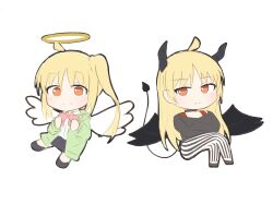 Rule 34 | 2girls, ahoge, angel wings, black choker, black footwear, black pants, black shirt, black skirt, blonde hair, bocchi the rock!, bow, bowtie, chibi, choker, commentary, crossed arms, demon horns, demon tail, demon wings, frown, green jacket, halo, highres, horns, ijichi nijika, ijichi seika, jacket, long hair, multiple girls, nage372, open clothes, open jacket, pants, red bow, red eyes, shirt, siblings, simple background, sisters, skirt, smile, striped clothes, striped pants, tail, vertical-striped clothes, vertical-striped pants, white background, white pants, white shirt, wings