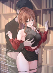 Rule 34 | 1boy, 1girl, absurdres, animal ears, bang dream!, bare shoulders, black panties, black shirt, black skirt, black thighhighs, book, bookshelf, breasts, brown hair, censored, chain, chain necklace, clothed sex, clothes lift, clothes pull, collarbone, commentary request, covered face, cowboy shot, crop top, grabbing, grabbing another&#039;s breast, grabbing from behind, green pants, hair between eyes, hand on another&#039;s stomach, hands up, heart, heart necklace, hetero, highres, imai lisa, indoors, jewelry, library, long hair, long sleeves, looking at viewer, medium breasts, midriff, miniskirt, mosaic censoring, motion blur, necklace, off shoulder, open pants, panties, pants, pants pull, panty pull, parted lips, partially unbuttoned, ponytail, ptal, public indecency, pussy, rabbit ears, red shirt, see-through, sex, sex from behind, shadow, shirt, shirt tucked in, sidelocks, skirt, skirt lift, sleeveless, sleeveless shirt, smile, speed lines, standing, standing sex, striped clothes, striped shirt, sweat, thighhighs, underwear, vertical-striped clothes, vertical-striped shirt, yellow eyes