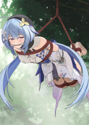 Rule 34 | 1girl, ahoge, arms behind back, bare shoulders, barefoot, bdsm, beret, blue bow, blue hair, blush, bondage, bound, bound ankles, bound arms, bound legs, bound thighs, bound torso, bound wrists, bow, cleave gag, cloth gag, dress, full body, gag, gagged, griseo, griseo (starry impression), hair ornament, hat, highres, hogtie, honkai (series), honkai impact 3rd, improvised gag, long hair, purple eyes, red rope, restrained, rope, shibari, shibari over clothes, solo, suspension, twin (tt lsh), twintails, white dress