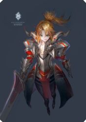 Rule 34 | 1girl, armor, bad id, bad pixiv id, blonde hair, character name, couter, fate/apocrypha, fate (series), faulds, from above, full body, gauntlets, gorget, grin, kera (ggg33), mordred (fate), mordred (fate/apocrypha), parted bangs, pauldrons, plackart, ponytail, shoulder armor, simple background, smile, solo, standing, sword, weapon, wind