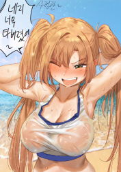 Rule 34 | 1girl, arms behind head, arms up, blush, breasts, crop top, day, fang, ichihyaku nanajuu, korean commentary, korean text, large breasts, last origin, light brown hair, long hair, nereid (last origin), nose blush, ocean, one eye closed, open mouth, outdoors, see-through, sky, solo, speech bubble, sweat, translation request, twintails, upper body, very long hair