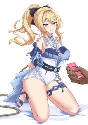 Rule 34 | 1girl, 1other, :o, bed sheet, belt, blonde hair, blue eyes, bound, bow, chain, clenched teeth, commentary request, controller, detached sleeves, genshin impact, hair between eyes, hair bow, hair ribbon, highres, holding, holding remote control, jean (genshin impact), jean (sea breeze dandelion) (genshin impact), line4x, long hair, looking at viewer, ponytail, remote control, ribbon, rope, seiza, sexually suggestive, sidelocks, sitting, teeth, thighlet, v-shaped eyebrows, vision (genshin impact), white background