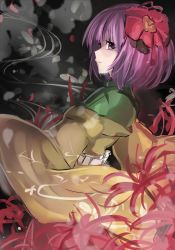 1girl dress female_focus flower hair_flower hair_ornament hieda_no_akyuu janne_cherry japanese_clothes kimono long_sleeves looking_at_viewer purple_dress purple_eyes short_hair solo spider_lily touhou wide_sleeves