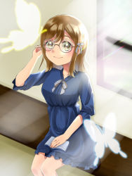 Rule 34 | 1girl, artist name, artist request, bare legs, blue dress, blue skirt, blush, book, bow, breasts, brown eyes, brown hair, bug, butterfly, buttons, chair, dress, female focus, glasses, hair between eyes, hair bow, highres, indoors, insect, kunikida hanamaru, light brown hair, long hair, looking at viewer, love live!, love live! school idol festival, love live! sunshine!!, matching hair/eyes, medium breasts, mitaiken horizon, on chair, parted lips, ribbon, sitting, skirt, smile, socks, solo, striped bow, striped ribbon, sunlight, white bow, white ribbon, window, yellow eyes