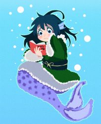 Rule 34 | 1girl, absurdres, blue eyes, blue hair, carte, crying, fins, fish tail, head fins, highres, japanese clothes, kimono, matching hair/eyes, mermaid, monster girl, reading, sash, solo, tail, tears, touhou, underwater, wakasagihime, wavy eyes, wavy mouth, wide sleeves