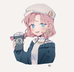 Rule 34 | 1girl, arknights, blue eyes, blue jacket, blue nails, blue poison (arknights), blush, braid, commentary, cropped torso, cup, earrings, highres, holding, holding cup, jacket, jewelry, long sleeves, looking at viewer, low twin braids, nail polish, open clothes, open jacket, open mouth, rhodes island logo (arknights), ruri (dailybloopy), shirt, simple background, solo, teeth, twin braids, upper body, upper teeth only, white background, white shirt