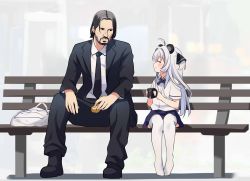 Rule 34 | 1boy, 1girl, ahoge, animal ears, art shift, bag, beard, bench, black hair, black pants, bow, bowtie, bread, business suit, chiwa (pandaclip), collared shirt, crossover, cup, facial hair, food, formal, hair between eyes, height difference, highres, holding, holding cup, ikazu401, john wick, john wick (character), keanu reeves, long hair, looking at another, meme, mustache, necktie, no shoes, on bench, panda ears, panda girl, pandaclip: the black thief, pants, park bench, plastic bag, sad keanu (meme), school uniform, shirt, short sleeves, sidelocks, simple background, sitting, size difference, suit, thighhighs, two side up, white hair, white thighhighs