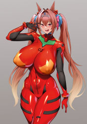 Rule 34 | 1girl, absurdres, animal ears, bodysuit, breasts, brown hair, cosplay, covered erect nipples, covered navel, curvy, daiwa scarlet (umamusume), ear ornament, gradient background, hair intakes, hairpods, highres, hip bones, horse ears, horse girl, huge breasts, interface headset, jingb dx, long hair, looking at viewer, multicolored bodysuit, multicolored clothes, neon genesis evangelion, open mouth, pilot suit, plugsuit, red bodysuit, red eyes, shiny clothes, simple background, skin tight, smile, solo, souryuu asuka langley, souryuu asuka langley (cosplay), standing, thick thighs, thighs, twintails, umamusume, very long hair, wide hips