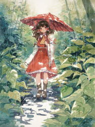 1girl ascot blush boots bow brown_eyes brown_hair closed_mouth commentary detached_sleeves frilled_bow frilled_hair_tubes frills hair_bow hair_tubes hakurei_reimu highres holding holding_umbrella long_hair nature outdoors painting_(medium) plant rain red_bow red_skirt red_umbrella ribbon-trimmed_sleeves ribbon_trim skirt skirt_set solo su_(pixiv_4855514) touhou traditional_media umbrella water_drop watercolor_(medium) yellow_ascot