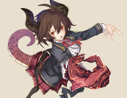 Rule 34 | 1girl, black jacket, blazer, breasts, brown background, brown hair, center frills, commentary request, dragon girl, dragon horns, dragon tail, dragon wings, frills, granblue fantasy, grea (shingeki no bahamut), hair between eyes, horns, jacket, long sleeves, looking at viewer, medium breasts, open clothes, open jacket, open mouth, plaid, plaid skirt, pleated skirt, pointy ears, red eyes, red skirt, scales, school uniform, shingeki no bahamut, shiromiso, shirt, short hair, simple background, skirt, solo, tail, torn clothes, torn jacket, torn shirt, white shirt, wings
