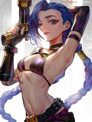 Rule 34 | 1girl, arched back, arm behind head, arm up, armpits, artist name, asymmetrical bangs, belt, blue hair, braid, breasts, canking, cloud tattoo, commentary request, fingerless gloves, gloves, grey background, gun, hand up, highres, holding, holding gun, holding weapon, jinx (league of legends), league of legends, long hair, looking at viewer, pants, parted lips, pink eyes, pink pants, presenting armpit, purple belt, small breasts, solo, striped clothes, striped pants, teeth, twin braids, weapon
