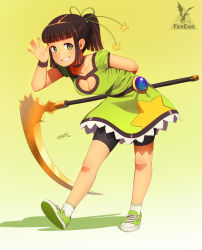 Rule 34 | 1girl, bike shorts, black hair, cleavage cutout, clothing cutout, dress, gradient background, green eyes, grin, heart, heart cutout, highres, idfer, long hair, looking at viewer, original, scythe, side ponytail, smile, solo, star