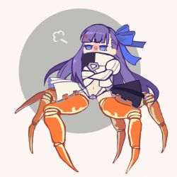 Rule 34 | 1girl, puff of air, anger vein, blue eyes, blue ribbon, blunt bangs, blush, commentary request, covered mouth, crab, crossed arms, crotch plate, fate/extra, fate/extra ccc, fate (series), hair ribbon, long hair, long sleeves, meltryllis (fate), meltryllis (second ascension) (fate), navel, ngt ngng, pout, purple hair, ribbon, simple background, sleeves past fingers, sleeves past wrists, solo, transformation, very long hair