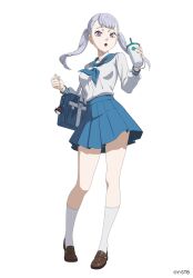 Rule 34 | 1girl, bag, black clover, black clover m: rise of the wizard king, blue bag, blue neckerchief, blue sailor collar, blue skirt, brown footwear, cup, disposable cup, full body, grey hair, highres, holding, holding cup, kneehighs, looking at viewer, medium hair, neckerchief, noelle silva, official alternate costume, official art, open mouth, pleated skirt, purple eyes, sailor collar, school bag, school uniform, serafuku, shirt, shoes, simple background, skirt, socks, solo, twintails, white background, white serafuku, white shirt, white socks
