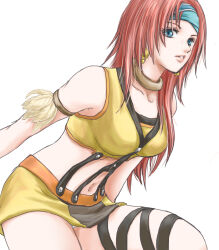 Rule 34 | 1girl, armlet, bare shoulders, blue eyes, blue headband, breasts, brown skirt, collarbone, crop top, earrings, eyelashes, feathers, final fantasy, final fantasy xi, headband, hume, jewelry, large breasts, lion (ff11), long hair, miniskirt, navel, neck ring, parted lips, pink lips, red hair, sakutsuki, simple background, skirt, solo, thigh strap, two-tone skirt, white background, white feathers, yellow skirt