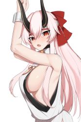 Rule 34 | 1girl, bare shoulders, breasts, covered erect nipples, fang, fate/grand order, fate (series), highres, horns, k jin, long hair, open mouth, pink hair, red eyes, sideboob, simple background, solo, tears, tomoe gozen (fate), very long hair, white background, wrist cuffs