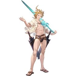 Rule 34 | 1boy, abs, ahoge, bare legs, blonde hair, brown male swimwear, granblue fantasy, jewelry, looking at viewer, male focus, male swimwear, navel, necklace, official art, open clothes, open mouth, open shirt, over shoulder, pectorals, popped collar, sandals, seofon (eternal&#039;s summer vacation) (granblue fantasy), seofon (granblue fantasy), sheath, sheathed, shirt, short sleeves, smile, solo, standing, swim briefs, sword, sword over shoulder, teeth, transparent background, wavy hair, weapon, weapon over shoulder, white shirt