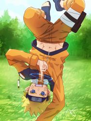 Rule 34 | 1boy, a ta309, abs, blonde hair, blue eyes, blue sky, bush, clothes lift, cloud, cloudy sky, commentary request, day, evil grin, evil smile, facial mark, forehead protector, full body, grass, grin, highres, looking at viewer, magic, male focus, midriff peek, naruto (series), navel, ninja, orange pants, pants, sandals, shirt lift, short hair, sky, smile, solo, straight-on, sunlight, teeth, thigh strap, upside-down, uzumaki naruto, whisker markings