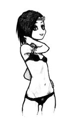 Rule 34 | 1girl, black hair, bra, breasts, flat chest, flower wreath, highres, lingerie, monochrome, navel, panties, simple background, skinny, small breasts, smile, solo, tattoo, underwear, wabaki, white background