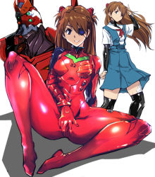 Rule 34 | 1girl, ass, bandages, black legwear, blue eyes, bodysuit, breasts, brown hair, commentary request, eva 02, evangelion: 3.0 you can (not) redo, eyepatch, hair ornament, hand up, kamisimo 90, latex, long hair, mecha, multiple views, neck ribbon, neon genesis evangelion, no panties, pilot suit, plugsuit, rebuild of evangelion, ribbon, robot, school uniform, shadow, shiny clothes, shirt, short sleeves, sitting, skirt, small breasts, smile, souryuu asuka langley, spread legs, tokyo-3 middle school uniform, turtleneck, twintails, two side up