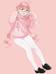 Rule 34 | 1girl, absurdres, adjusting eyewear, alternate costume, double bun, full body, glasses, hair bun, highres, kantai collection, long sleeves, looking at viewer, makigumo (kancolle), ojipon, pantyhose, pink background, pink hair, simple background, sitting, sleeves past wrists, smile, solo, twintails, white pantyhose, yellow eyes